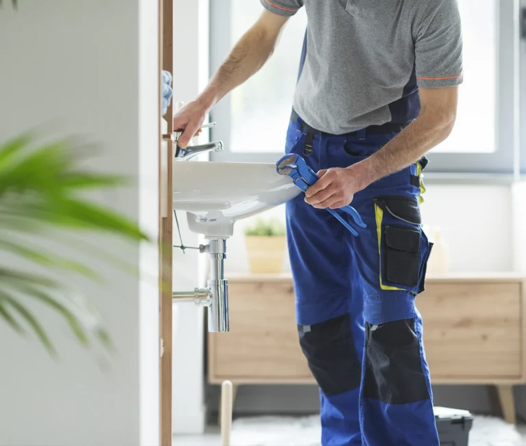 En VVS-montör i arbetskläder servar ett tvättställ med en blå rörtång. Rörmokare på Gotland.