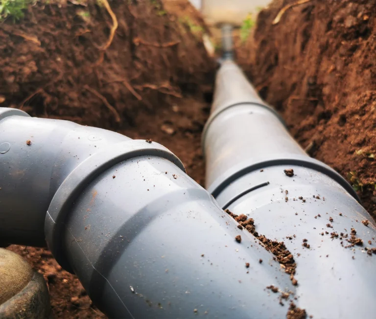 Närbild på skarvade rör i marken för avlopp. Vi hjälper dig med rör och avlopp på ön.
