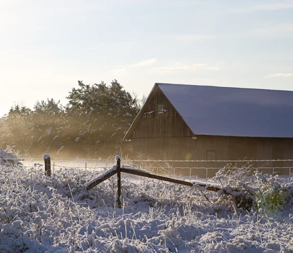 Snötäckt landskap och fritidshus. Din expert på Gotland VVS för trygga rör och avlopp året runt.